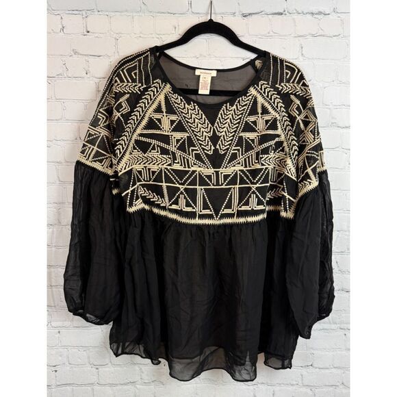 SUNDANCE black silk beige embroidered semi-sheer blouse top size XL NWOT - Picture 1 of 8